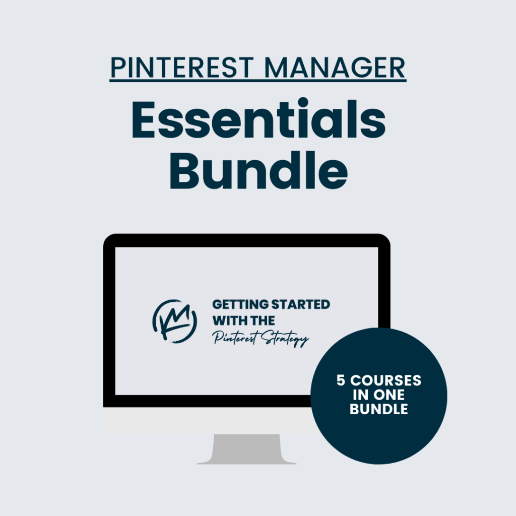 Pinterest Manger Essentials Bundle Course by Kathryn Moorhouse for Pinterest Managers. Pinterest analytics tracking templates, keyword tracking templates, Client content tracking, client acquisition training and more.